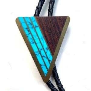 Vintage Turquoise And Wood Grain Bolo Tie